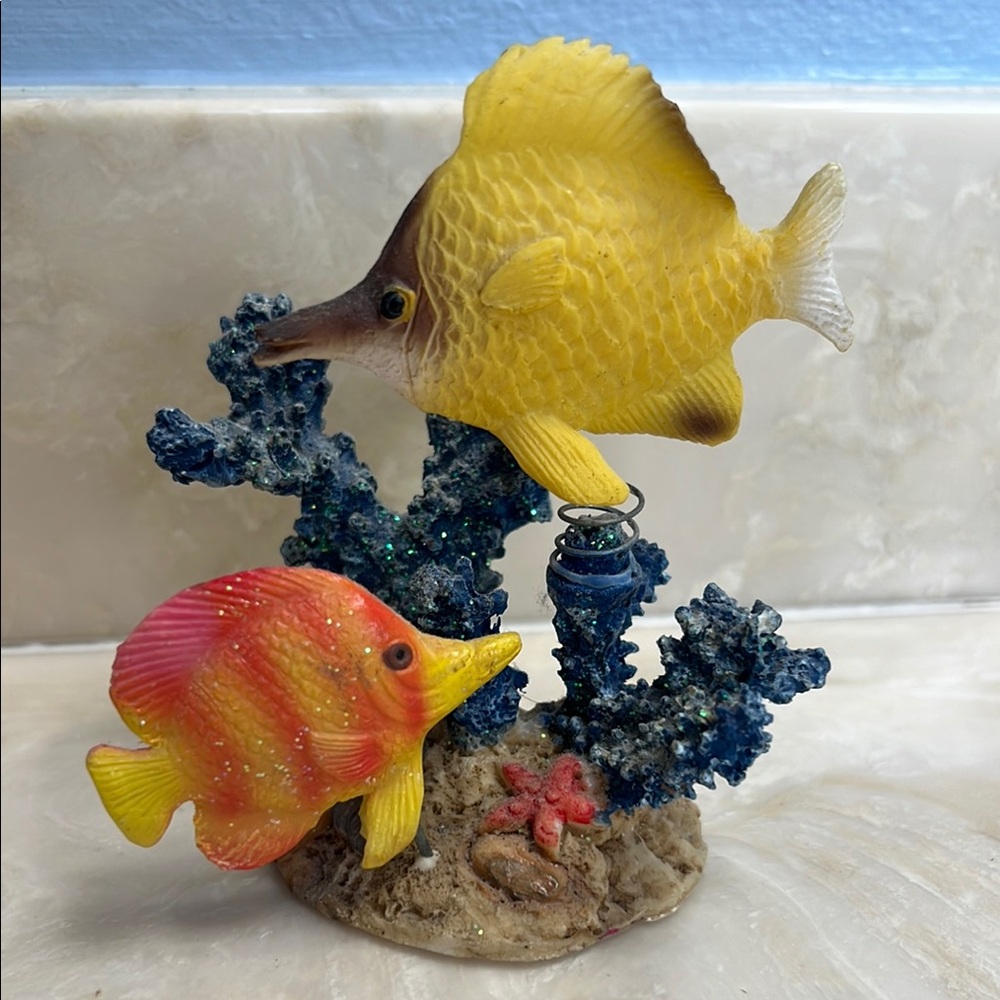 Vtg Yellow & Orange/Yellow Fish on Blue Sparkly Coral Used as Aquarium Ornament